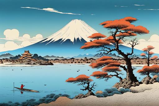 浮世絵 山と湖の風景 ダークブラウンフレーム 浮世絵 山と湖の風景 ダーク