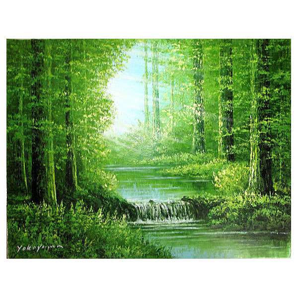 大型油彩画 肉筆 風景画 森林水面 金色額縁 インテリア 美術品 大型