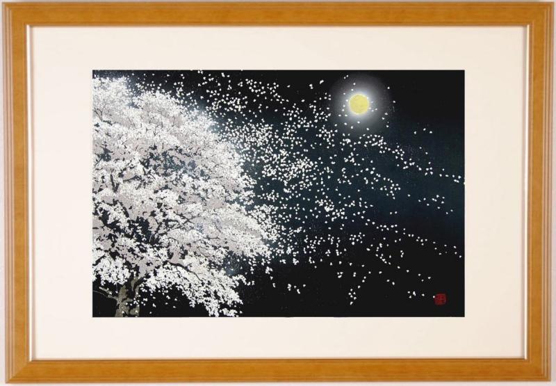 宮本秋風作 紅葉風景木版画 山景色 大判 金色フレーム(57.0×75.0