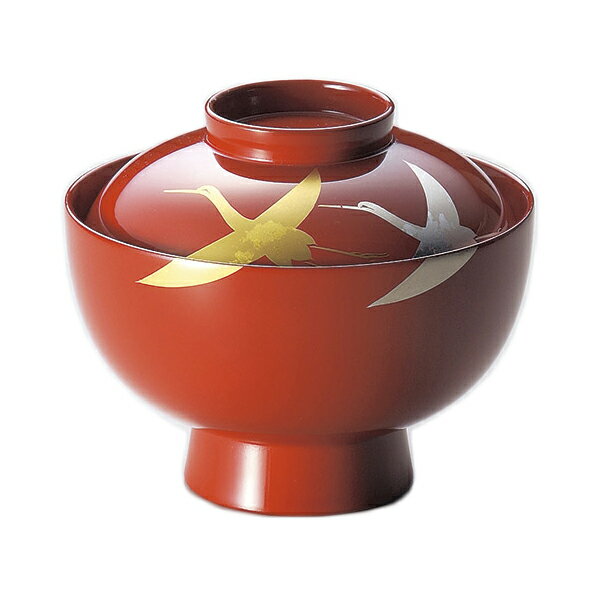 鶴金彩模様の赤漆器蓋付き椀 5個セット