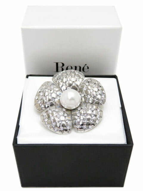 美品 Rene ルネ フェイクパール 薔薇モチーフ ブローチ ブラック