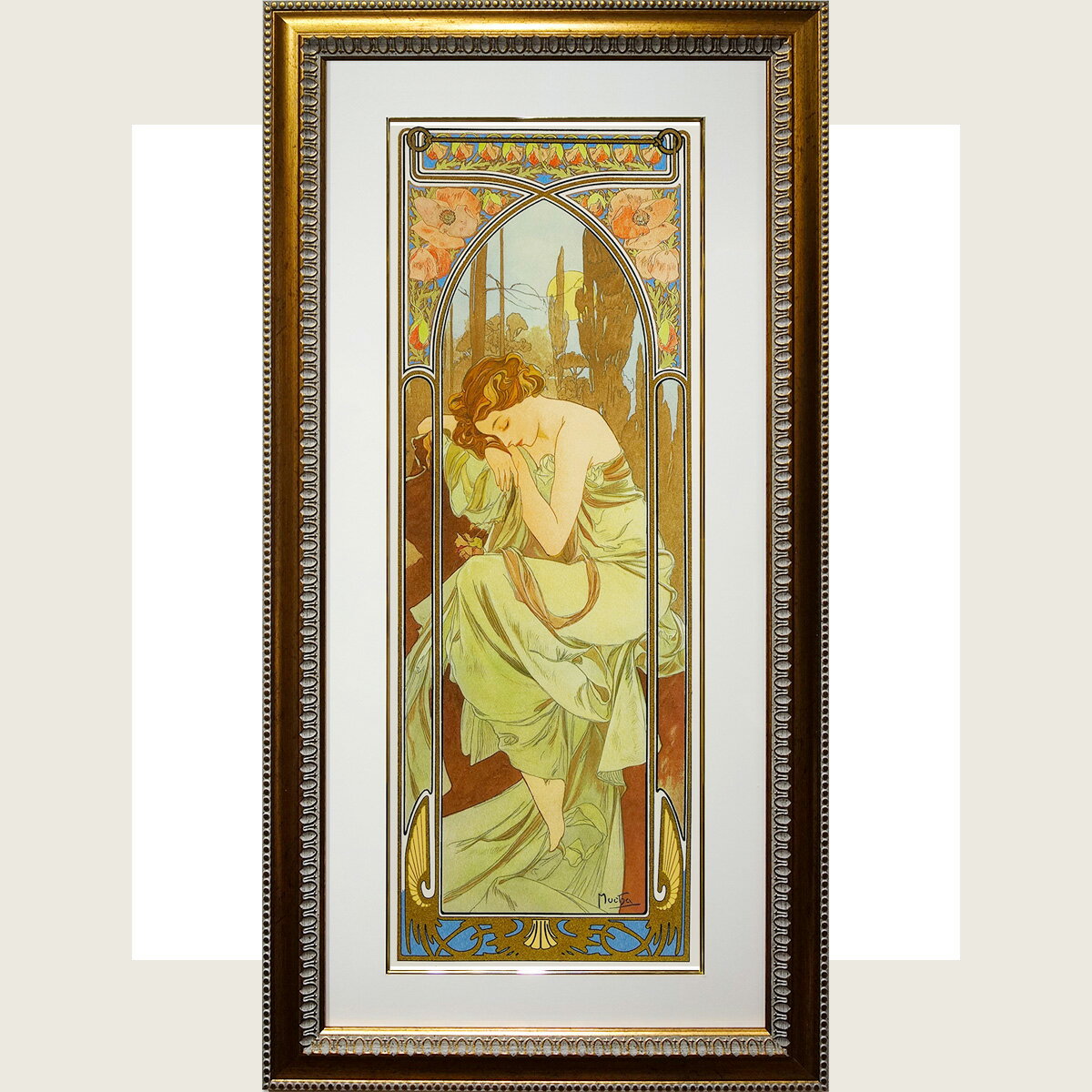 ミュシャ 四つの花（アイリス・バラ） 絵画 額縁つき イラスト 版画 バラ