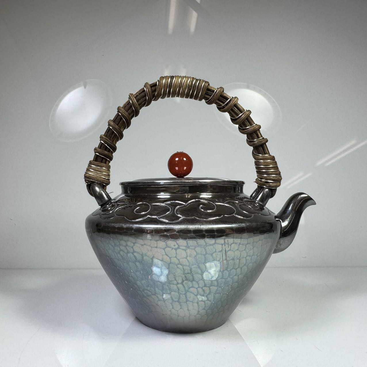 極上純銀製 仙鶴雲花文様 高工芸 湯沸 銀瓶 煎茶道具 重量1521g 極上