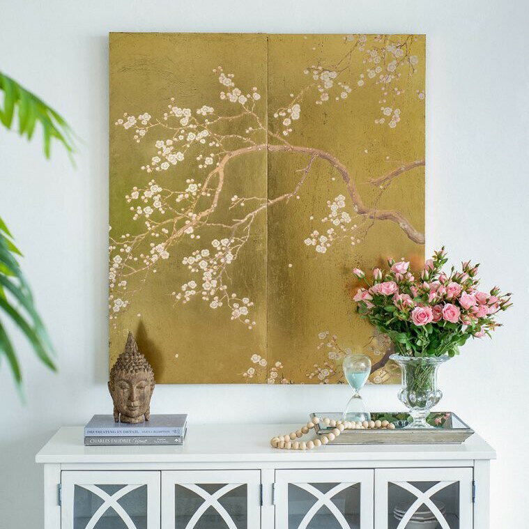 シノワズリ 壁飾り4枚 輸入家具 アジア雑貨 鯉蓮 アンティーク 漆塗り