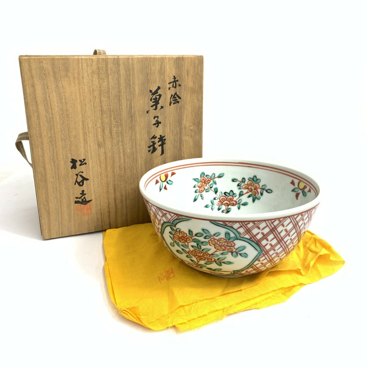 叶 松谷（造） 赤絵四方入隅 香合 共箱 京焼 形物香合 茶道具