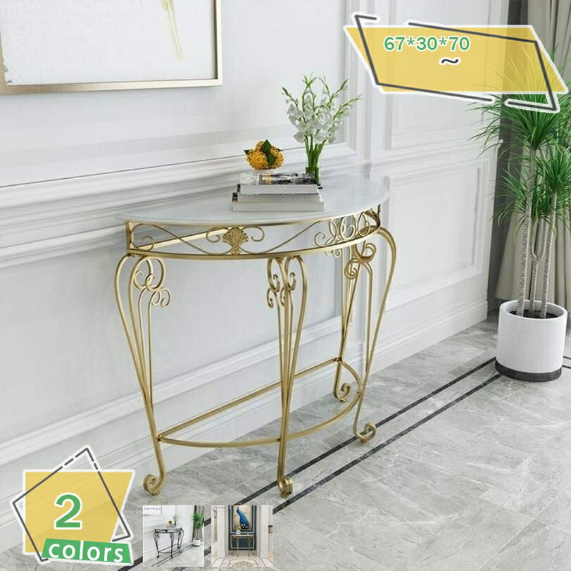 即日配送！花柄装飾 木製コンソールテーブル 半円形 即日配送！花柄