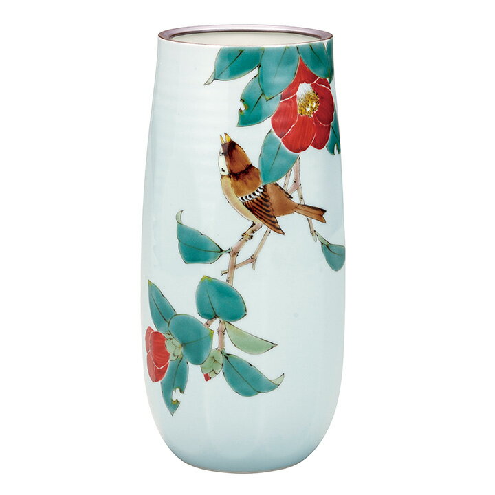 ガラス花瓶 椿模様 6号花瓶 吹墨に椿/九谷青良