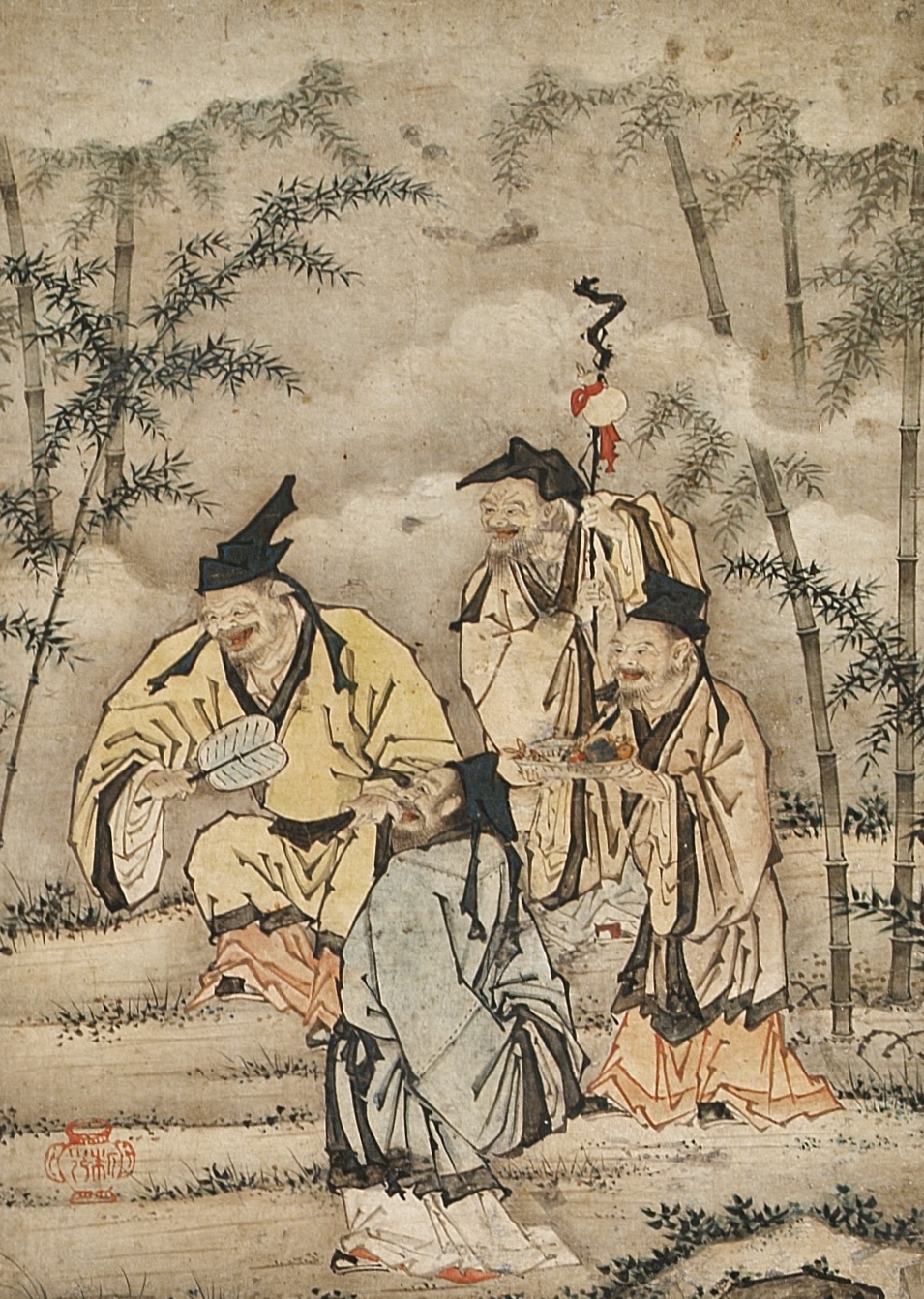 江月宗玩筆紙本彩色水墨画4幅対【竹林に鶏図、竹林に賢人旭日山水楼閣図】