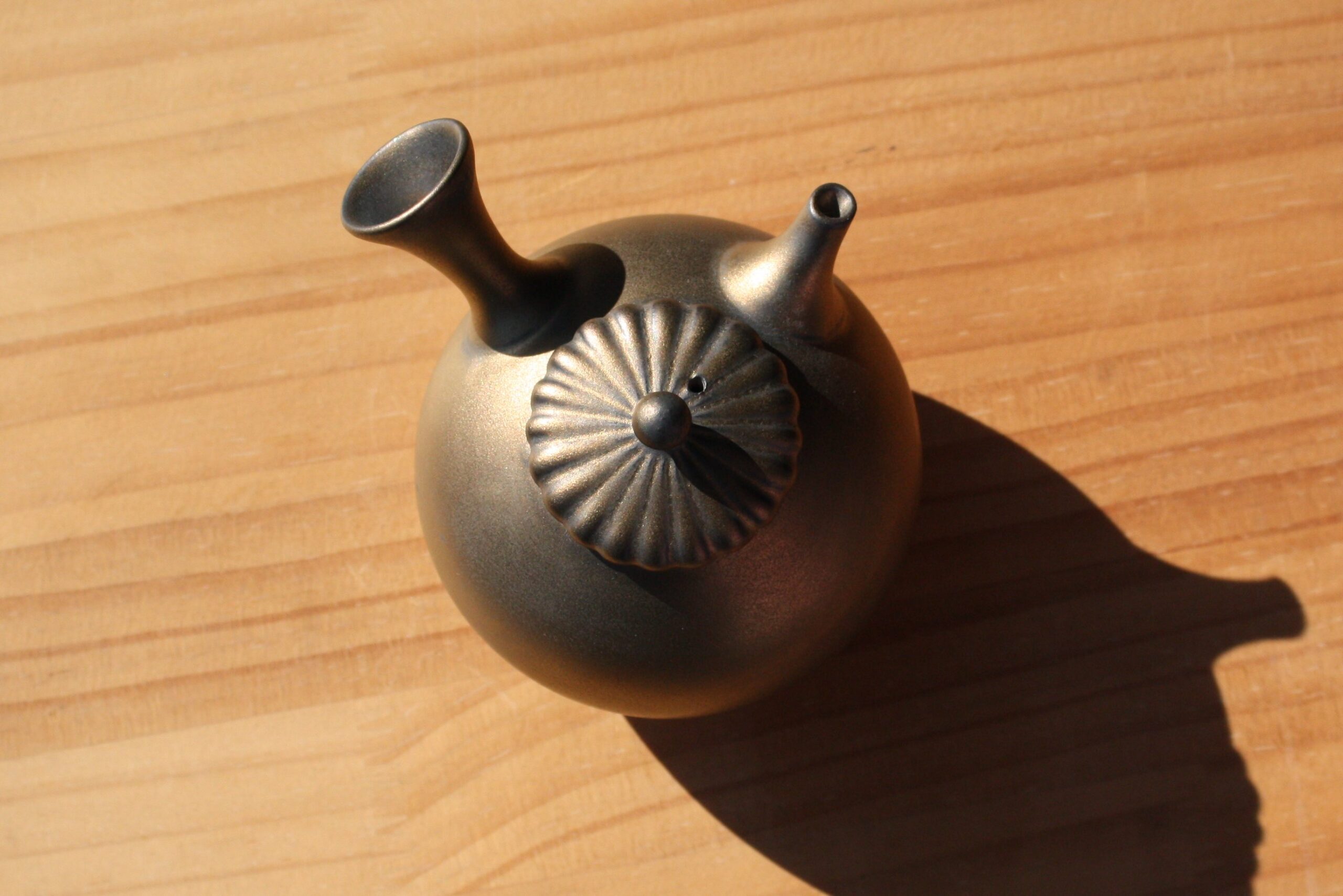 煎茶道具 金僲堂造 黄銅 柚子肌 線文 湯沸し 急須 D R6186 煎茶道具