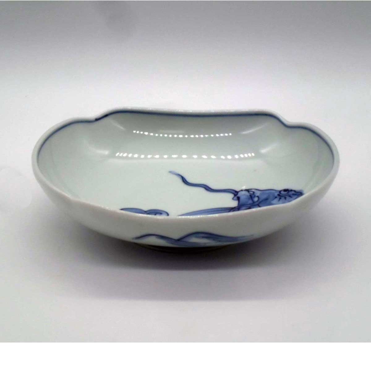 有田焼 呉須絵 波鯉 木甲皿