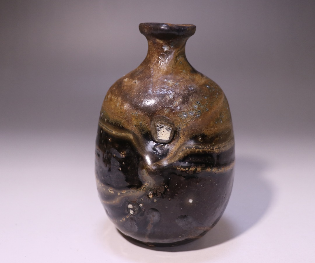 限定品、備前陶芸家、伊勢崎晃一郎、窯変赤緋徳利、共布、栞付き 限定