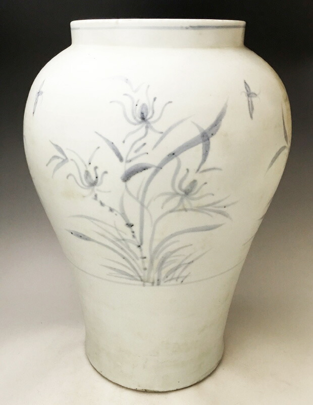 梅花堂】UM885 李朝美術 草花紋染付小壺 高10cm 古美術