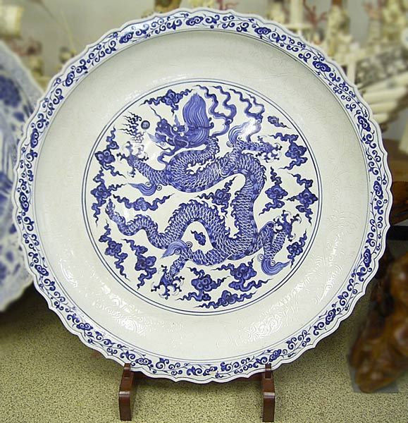 中国古美術 清の乾隆時代 青花 松竹 大皿23cm 染付染付