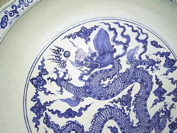 中国 青花 山水麒麟文盤 大皿 輪花皿 直径約41㎝ V 7324C 中国 青花