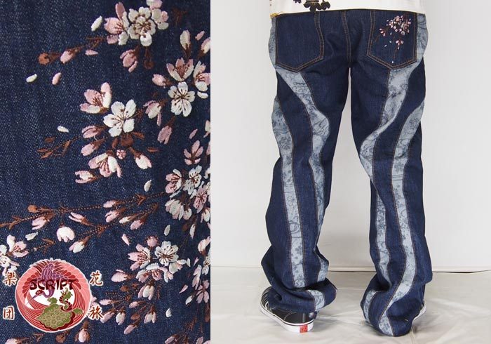 楽天市場】花旅楽団[ﾊﾅﾀﾋﾞｶﾞｸﾀﾞﾝ] 桜刺繍 切り換え 和柄ジーンズ