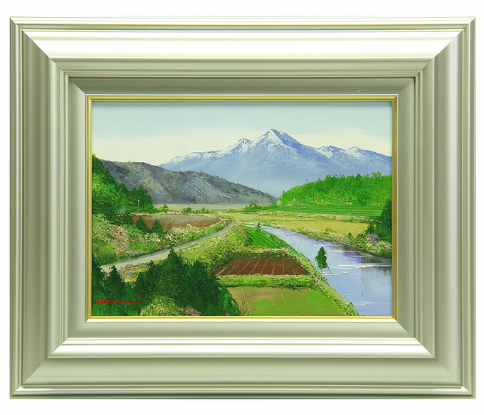 絵画 インテリア 絵 額付 (黒) 油絵 F4-080311 風景（畑と木） 絵画