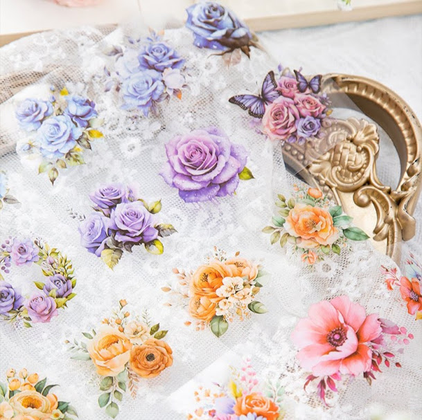 巻売 525☆ 海外 マスキングテープ マステ PET 装飾 花 月 銀ホロ 巻売