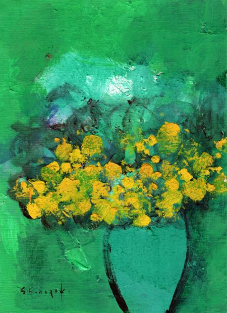 絵画インテリア 額付(青緑＋金色の枠) 油絵 uF6-061604 静物果物花瓶