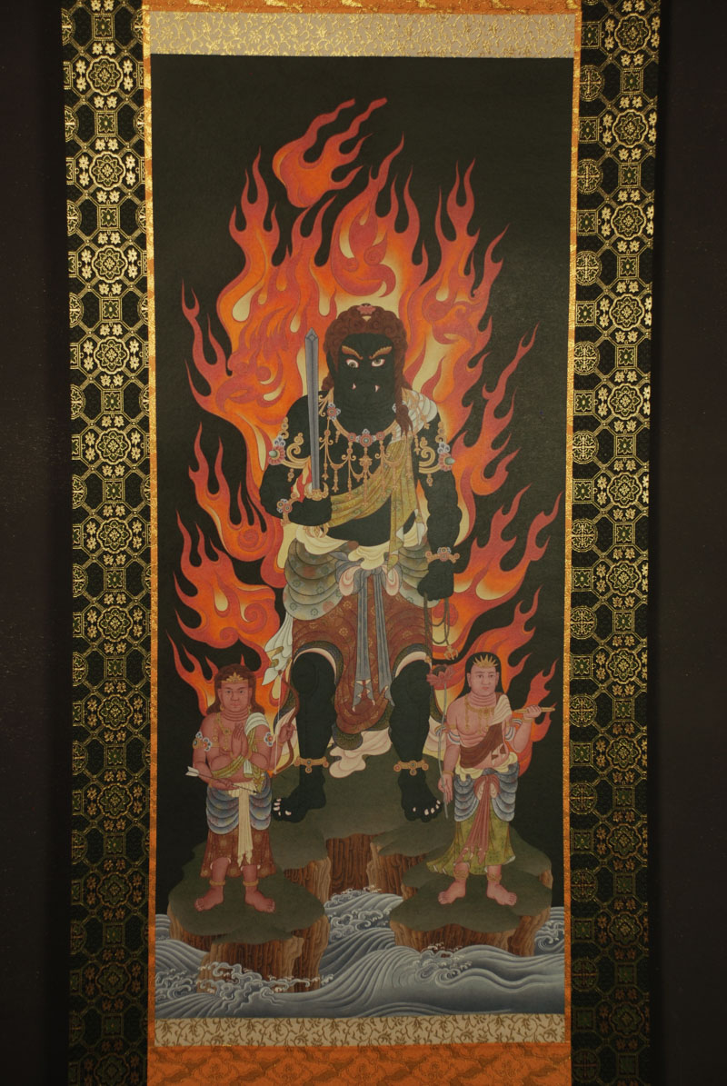江戸(倉庫)稀少 古い 仏画 明王像 肉筆掛け軸 時代 仏教美術 仏教版画