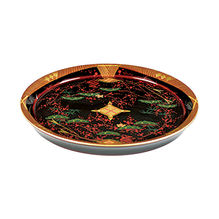 溜 6.0 羽反 丸皿 会津絵松竹梅(漆・手塗・手描) 天然木製 漆蒔絵 会津