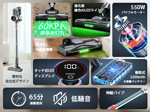 LEDライト付きのコンパクトなコードレス掃除機 パワフルな吸引力 楽天