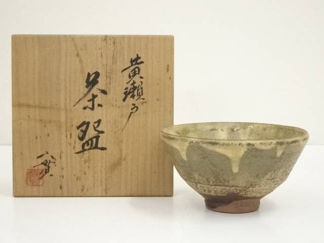 抹茶茶碗黄瀬戸胴紐蕪線彫加藤十右衛門造共箱