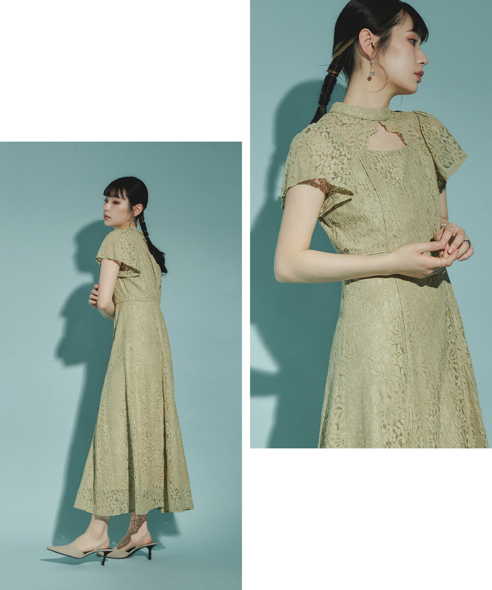 ブロンズ パーティ 総レース ロングドレス リボン ブロンズ パーティ