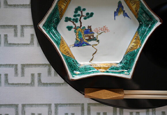 九谷焼 古九谷 染付 山水人物文 六角香炉 時代箱付 V R5819 九谷焼 古