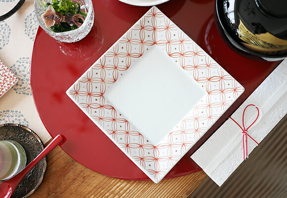 楽天市場】5号角皿 赤淵丸大七宝紋 ＜九谷焼 / 和食器 / 取り皿 / お