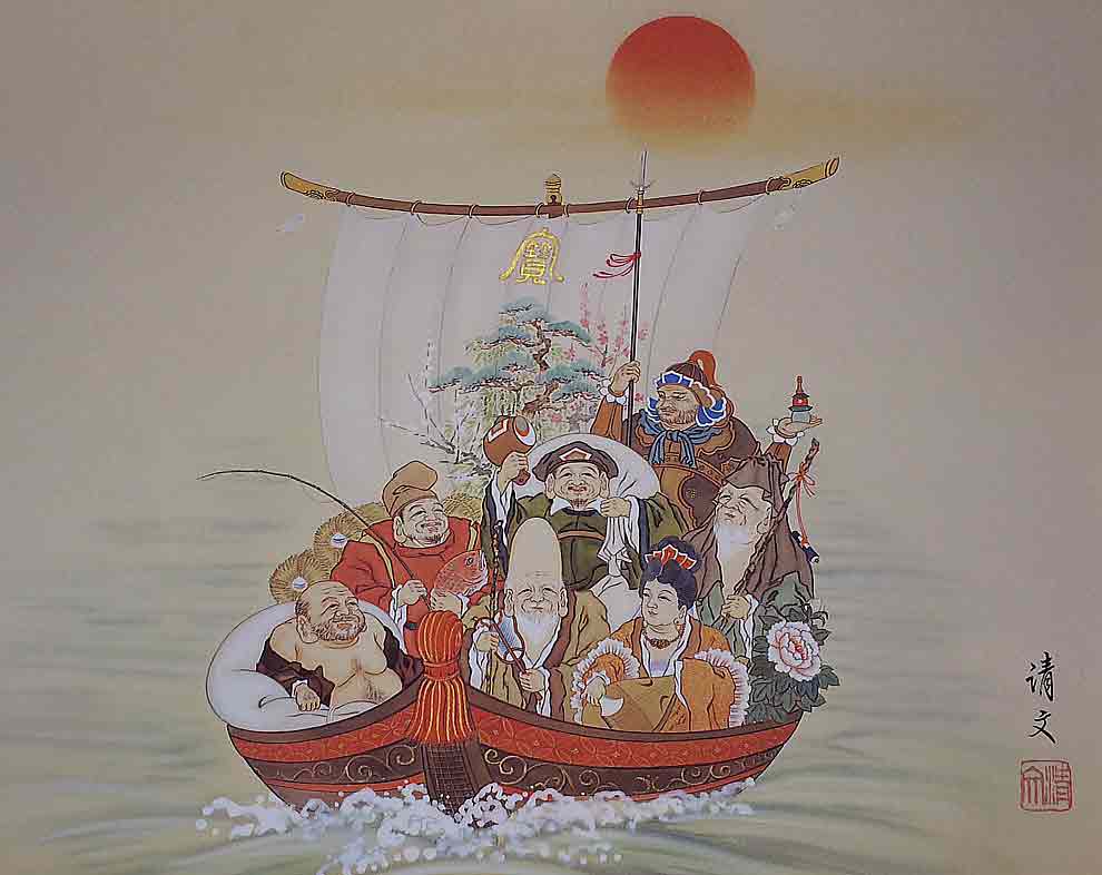 掛け軸/船/人物 狩野探信/桃仙人図/掛軸☆宝船☆L-549 J 狩野探信