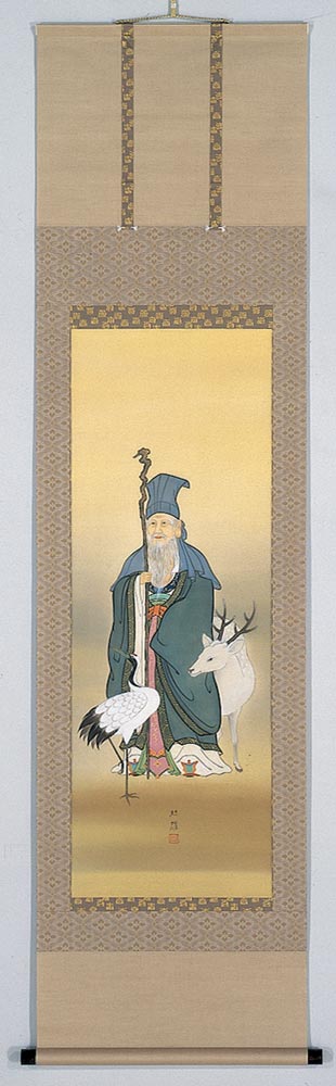 模写】□□掛軸 周英 鶴 寿老人 三幅対 古画□□