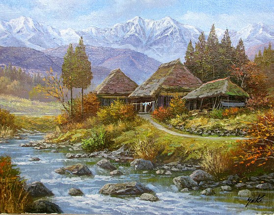 油絵 風景画 京都無鄰庵 ☆ F10 【10月】 油絵 風景画 山 川 油彩 「