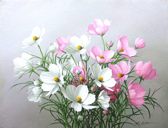 油彩画 洋画 (油絵額縁付きで納品対応可) F10号 「コスモス2」 安田 英明