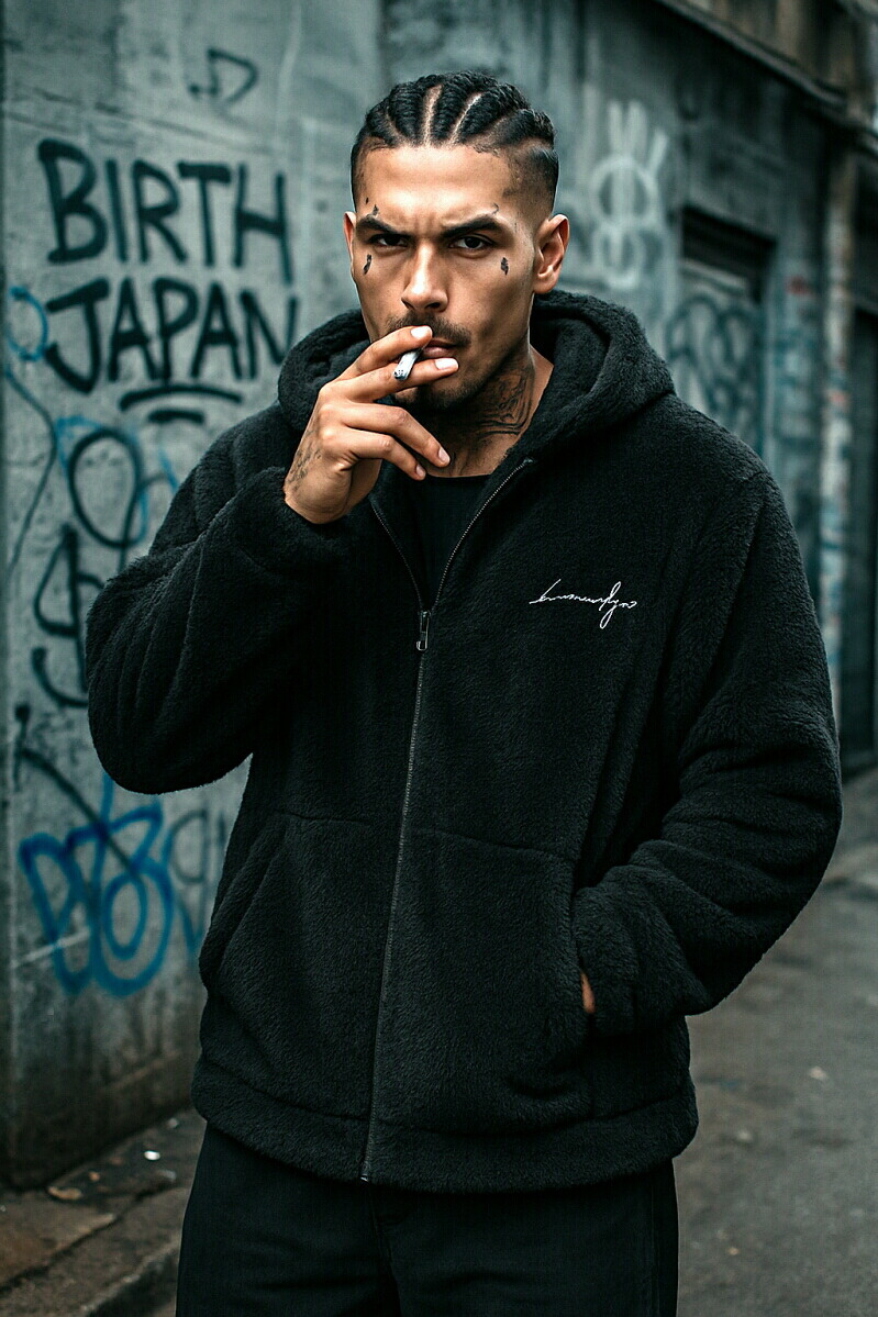 送料込】オーバーサイズパーカーモコモコ刺繍ロゴ黒 【RE】Freesize