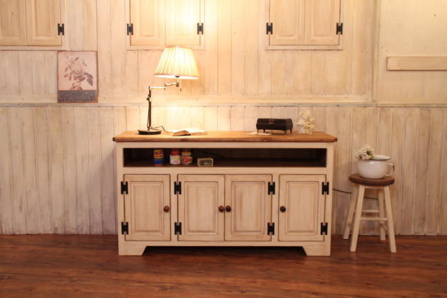 カントリー家具ホワイト木製テレビ台 ガラス扉付き フレンチテレビ