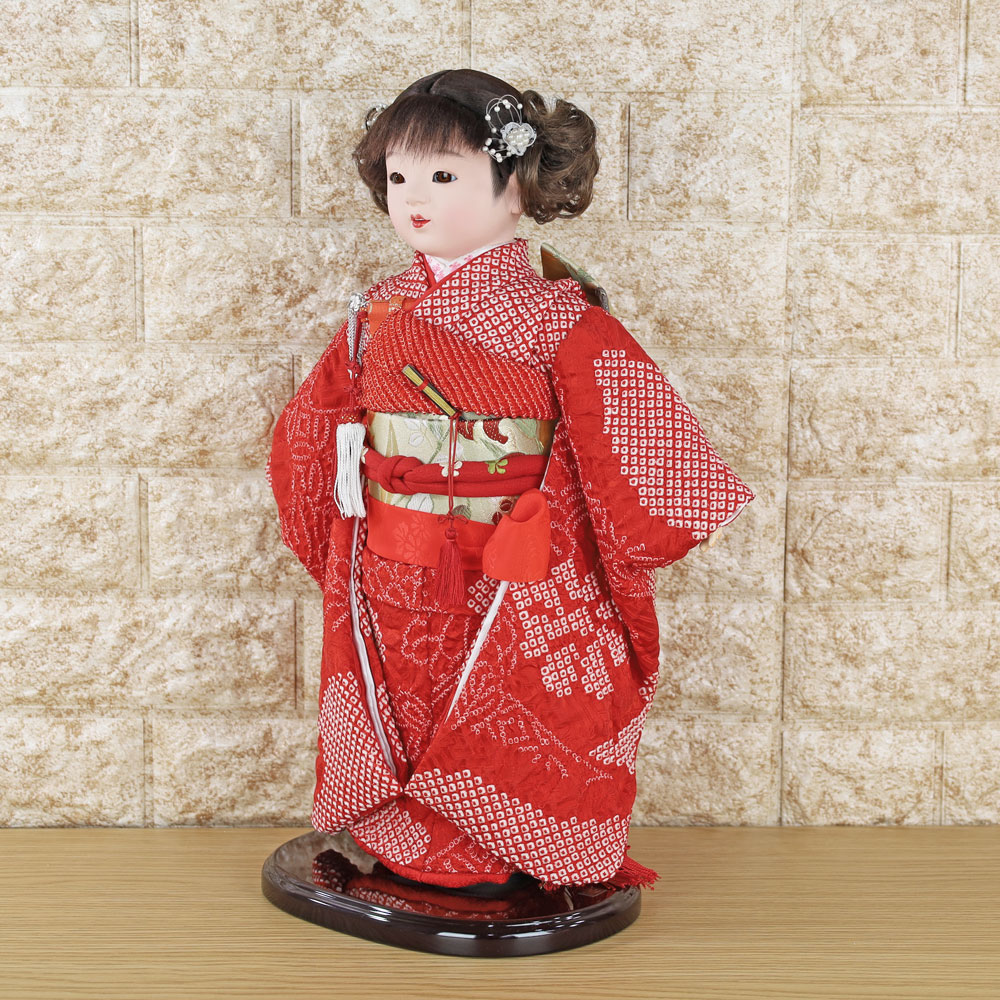 市松人形 (日本人形)11号 人形の久月 赤 着物 花柄 豪華 ガラス 市松