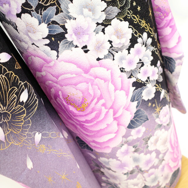 楽天市場】【中古】 振袖 着物 正絹 袷 金彩加工 刺繍 銀通し 黒 紫