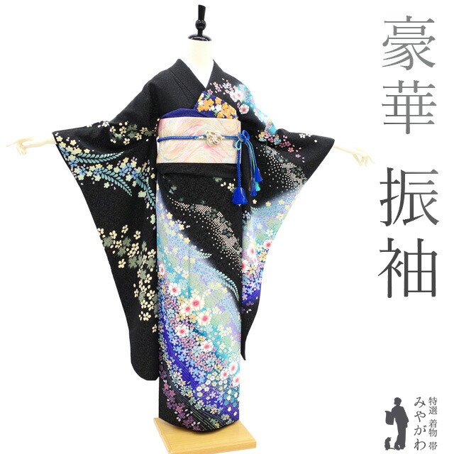 楽天市場】【中古】 振袖 着物 金駒刺繍 金彩加工 金通し 正絹 黒 青紫
