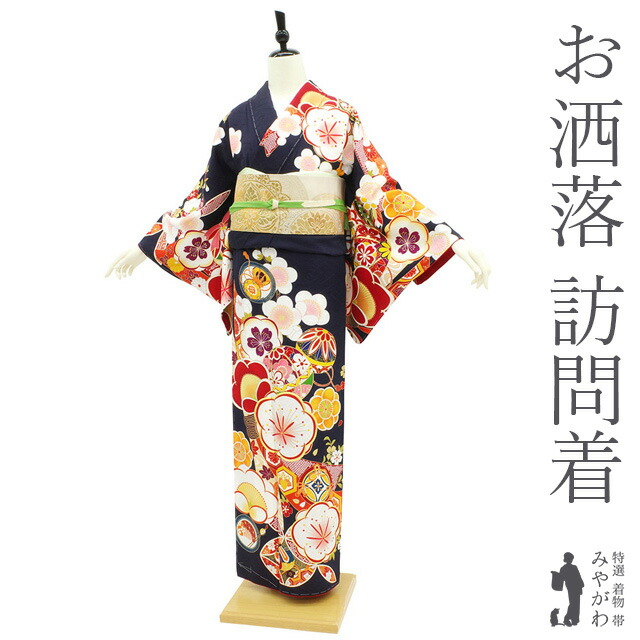 楽天市場】【新古品】 訪問着 着物 正絹 袷 黒紺地 花古典 梅 菊 桜
