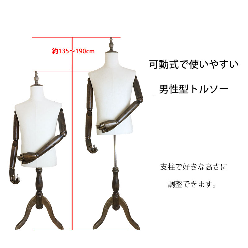 楽天市場】マネキン 稼働 アーム付き トルソー 男性用 上半身 木製 猫