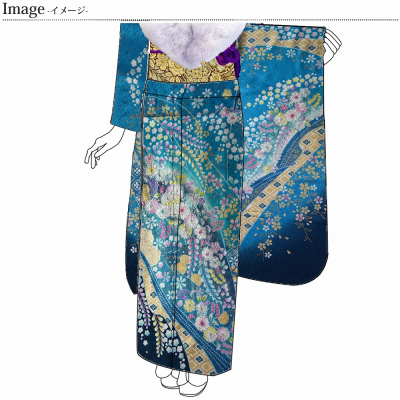 振袖レンタル・薄藍 青系 暈し染め 金彩 翠山工坊 手描き 絞り 辻が花