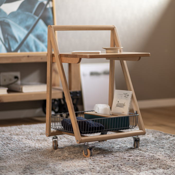 北欧デザイン 古家具◾️木製サイドテーブル キャスター付き ワゴン