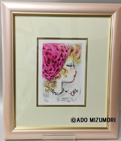 F4号】手描き油彩 水森亜土 額縁 サイン 絵画 人気作品 女の子 人気