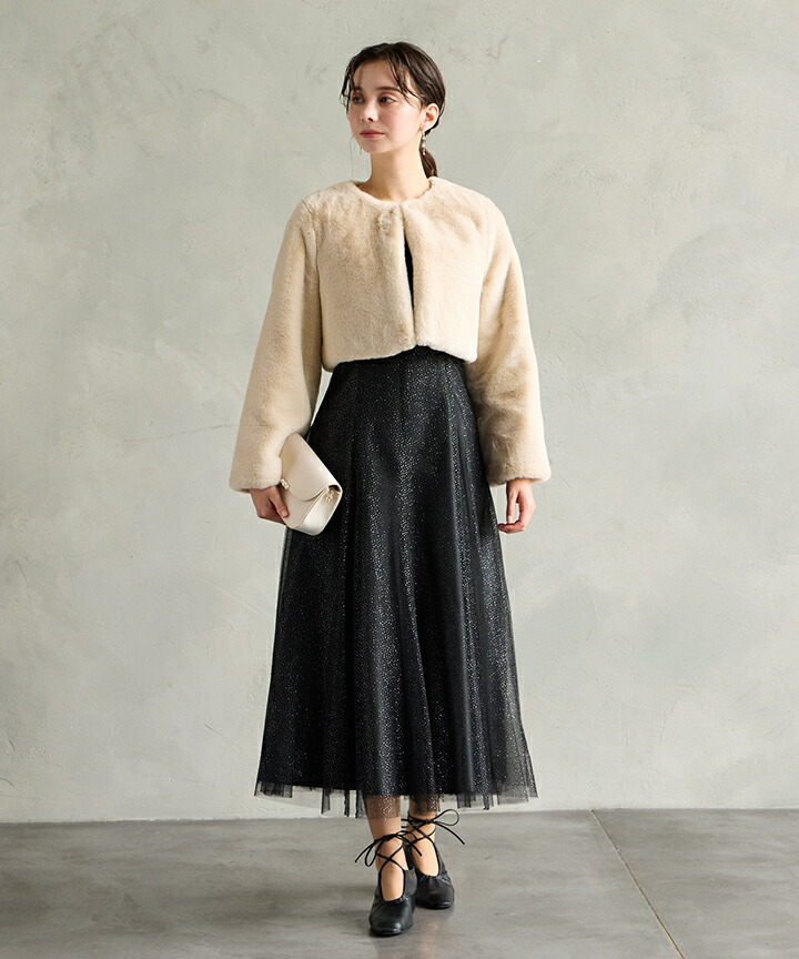 グリッターチュールフロントギャザーレースアップドレス【エメ