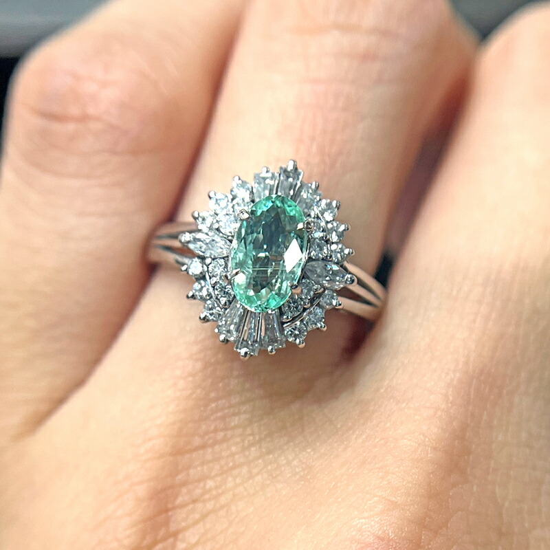 鑑別付パライバトルマリン、メレダイヤP900リング7号 鑑別付パライバ