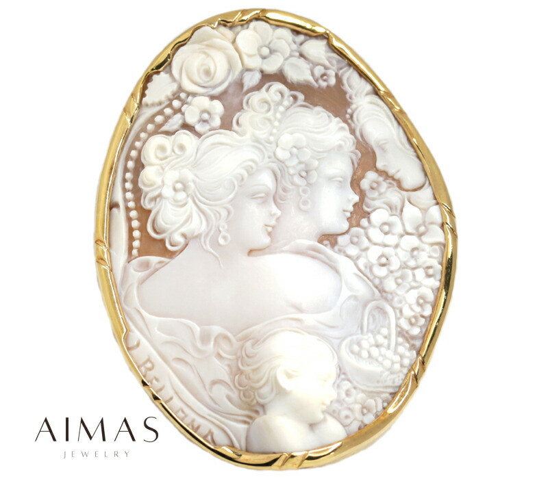 18金 天然シェルカメオブローチ 長さ74㎜重さ29g 作家サイン入