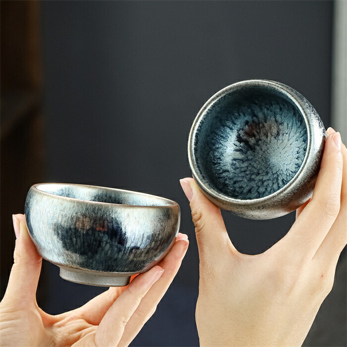 送料無料 建窯建盞 『周郡星』造 油滴建盞2客 天目茶碗 曜変天目証明