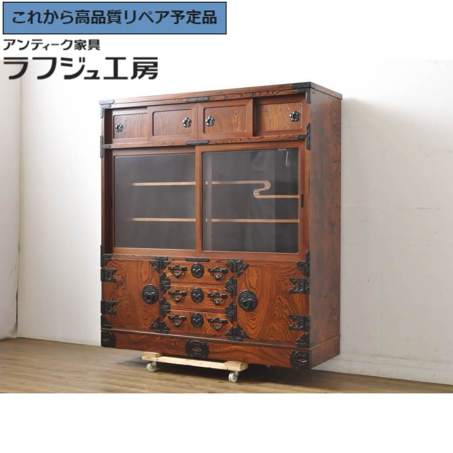 和風ダークブラウンキャビネット茶箪笥 飾り棚 サイドボード 和風