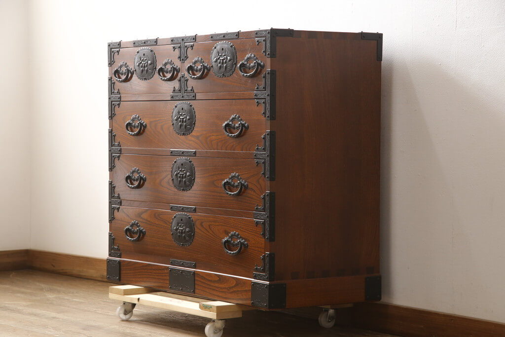 欅無垢箪笥4段 小物入れ9引き出し ダークブラウン内部桐無垢 和家具