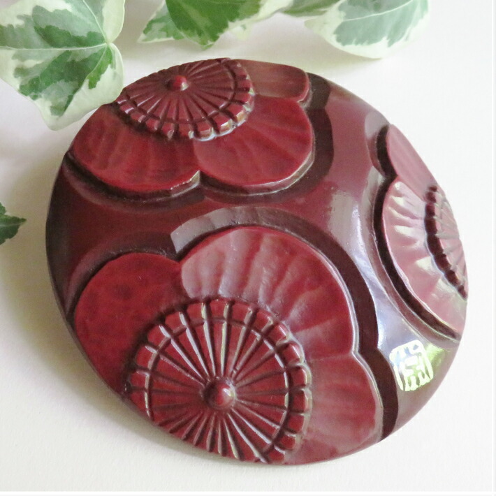 鎌倉彫 手鏡 時代もの 姫鏡 梅 雲紋様 乾口塗 木彫 朱漆 十寸